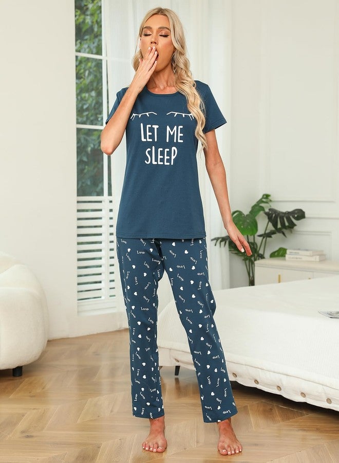 EISHOPEER Women's Pajama Set Printed Short Sleeve Top & Long Pants Sleepwear Pjs Sets L Peacock Blue - Image 2